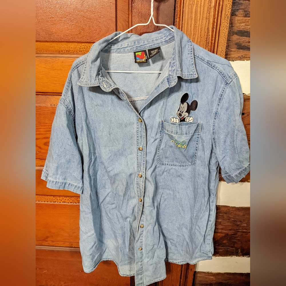 Vintage Mickey Mouse Denim Short Sleeve Button Up